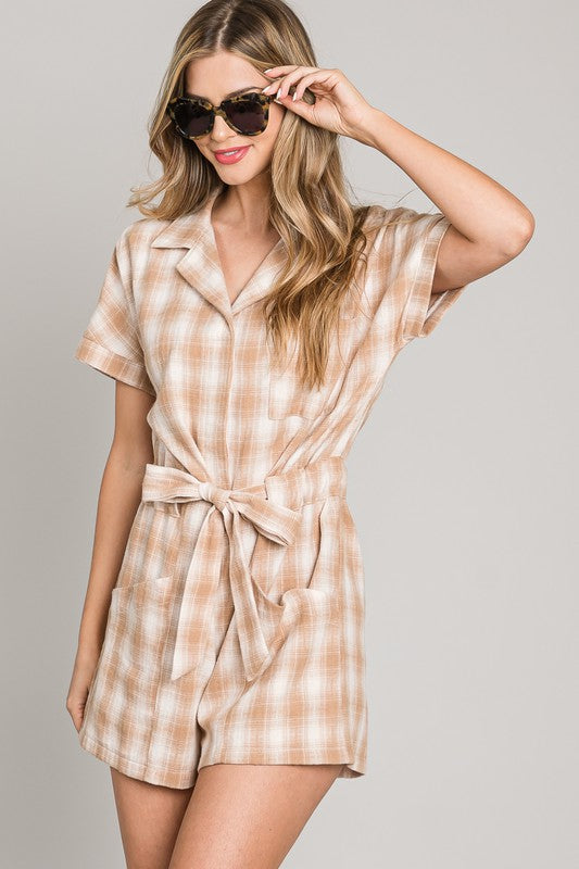Soft Plaid Collared Romper with Tie